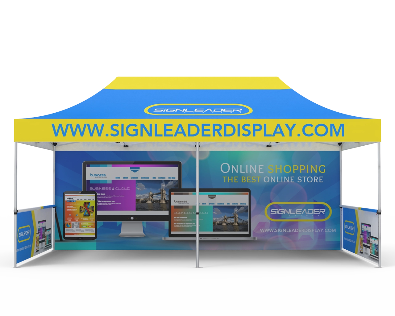 Custom 10x20 Pop Up Canopy Tent with Single-Sided Full Backwall & 2 x Double-Sided Half Sidewalls