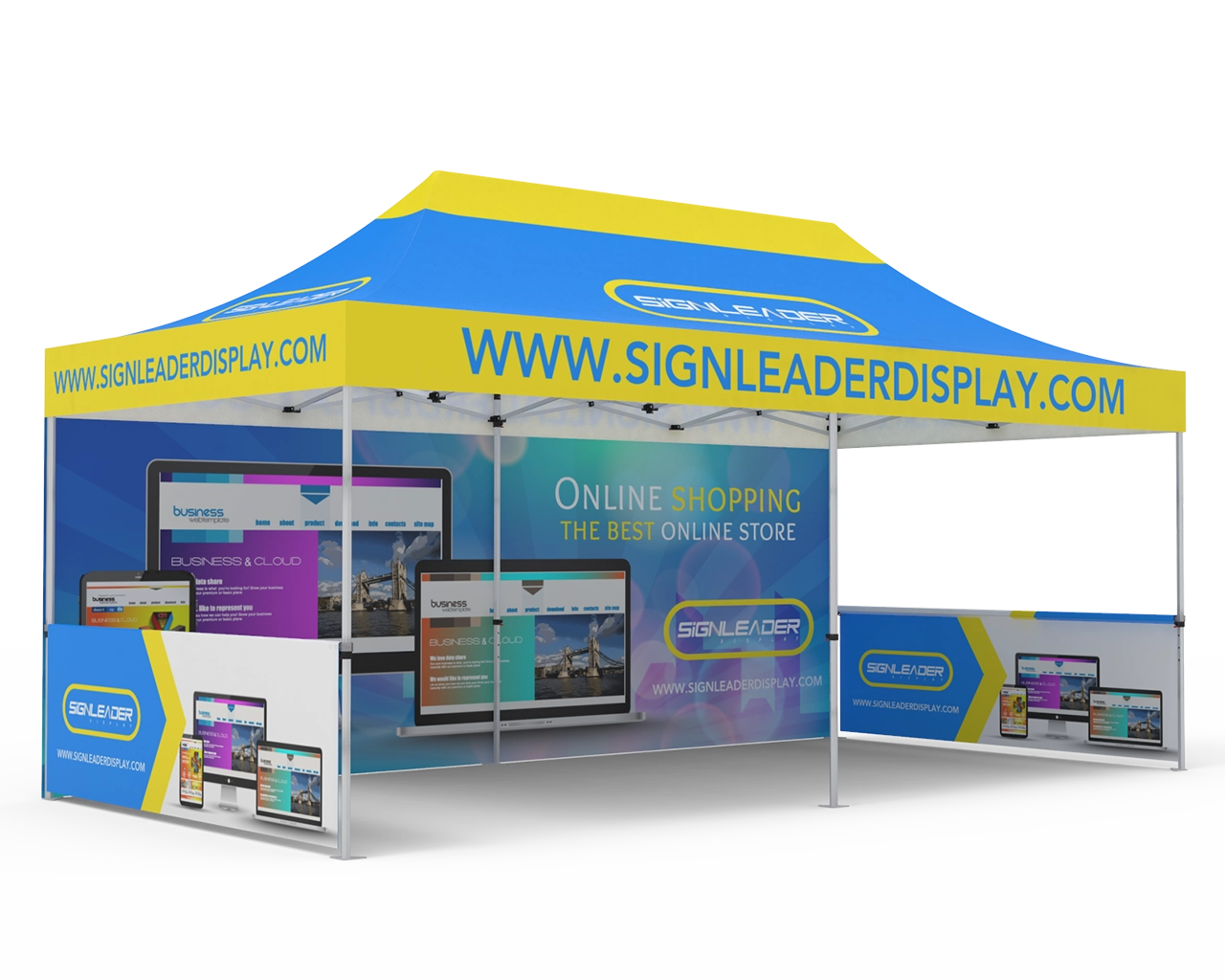 Custom 10x20 Pop Up Canopy Tent with Single-Sided Full Backwall & 2 x Double-Sided Half Sidewalls
