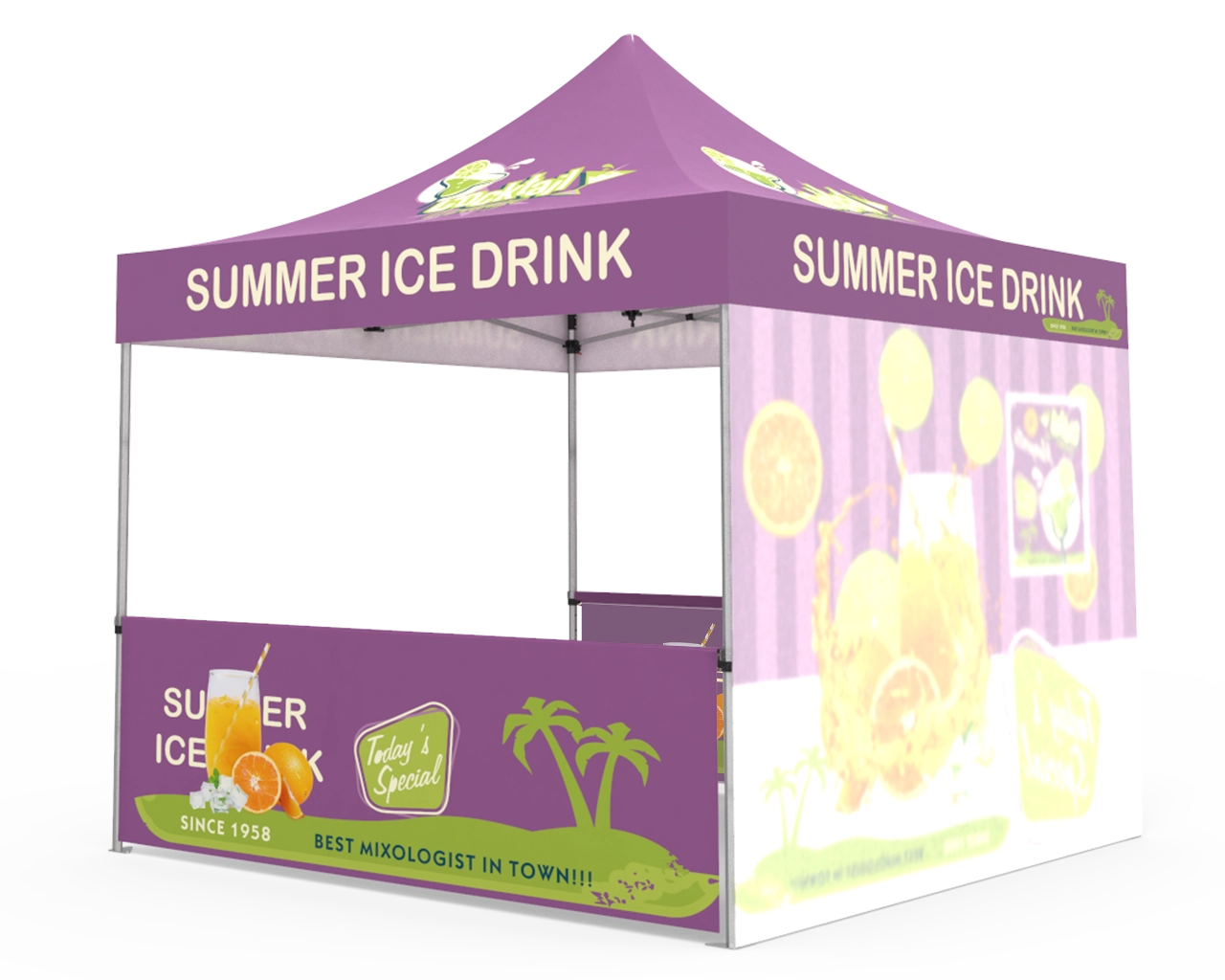 Custom Pop Up Canopy Tent 10x10 with Single-Sided Full Backwall & 2 x Double-Sided Half Sidewalls