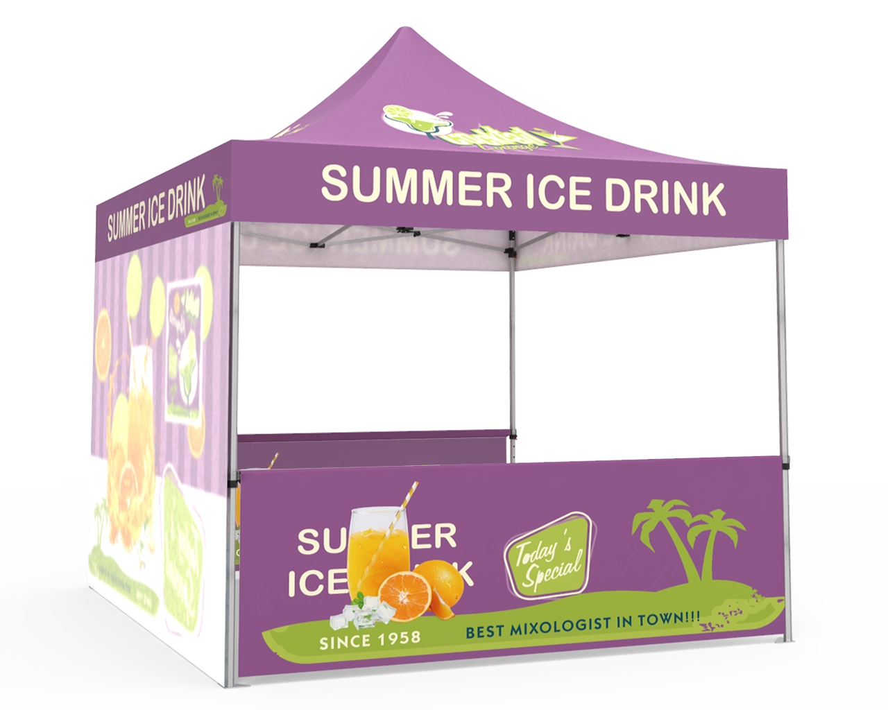 Custom Pop Up Canopy Tent 10x10 with Single-Sided Full Backwall & 2 x Double-Sided Half Sidewalls