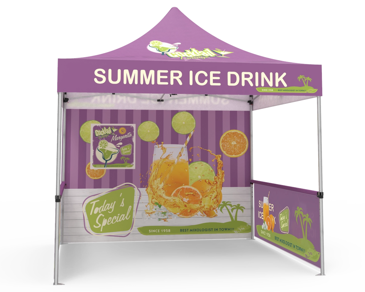 Custom Pop Up Canopy Tent 10x10 with Single-Sided Full Backwall & 2 x Double-Sided Half Sidewalls
